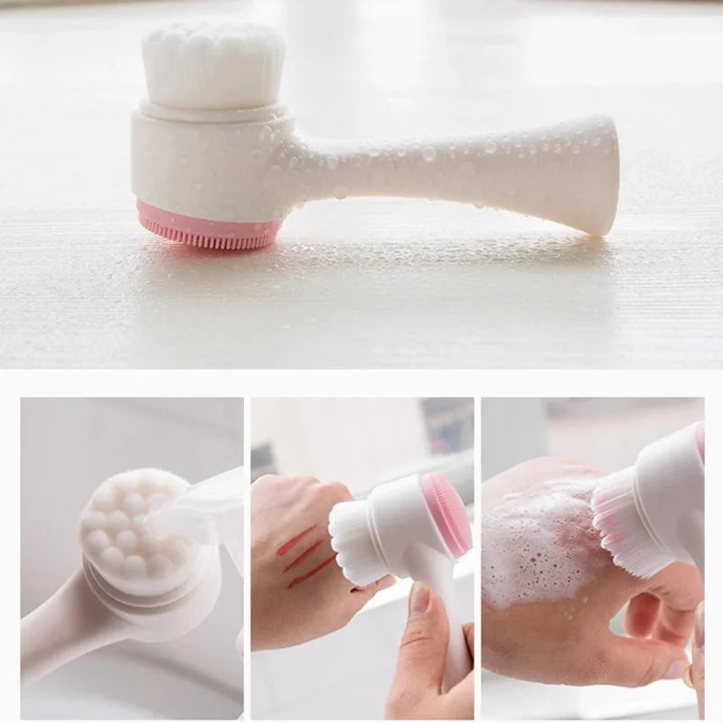 Cepillo de limpieza facial de silicona doble 3D, cepillo facial de masaje manual, cerdas suaves, exfoliante, cepillo de lavado facial de doble cara