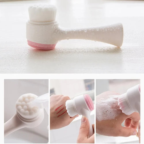 Cepillo de limpieza facial de silicona doble 3D, cepillo facial de masaje manual, cerdas suaves, exfoliante, cepillo de lavado facial de doble cara