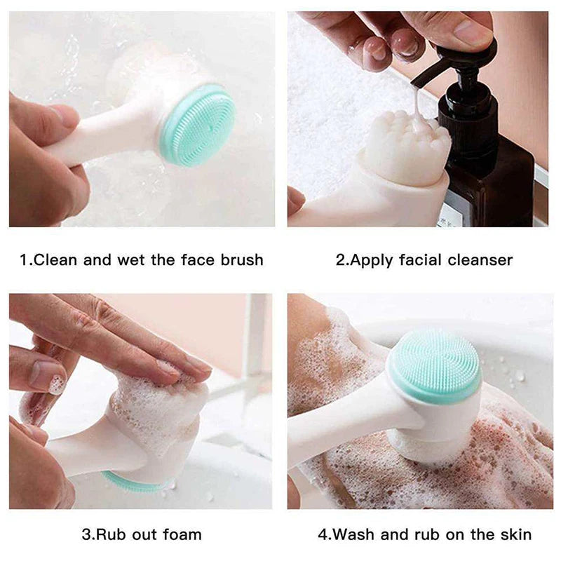 Cepillo de limpieza facial de silicona doble 3D, cepillo facial de masaje manual, cerdas suaves, exfoliante, cepillo de lavado facial de doble cara